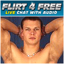 flirt for free banner with shirtless man arms over his head